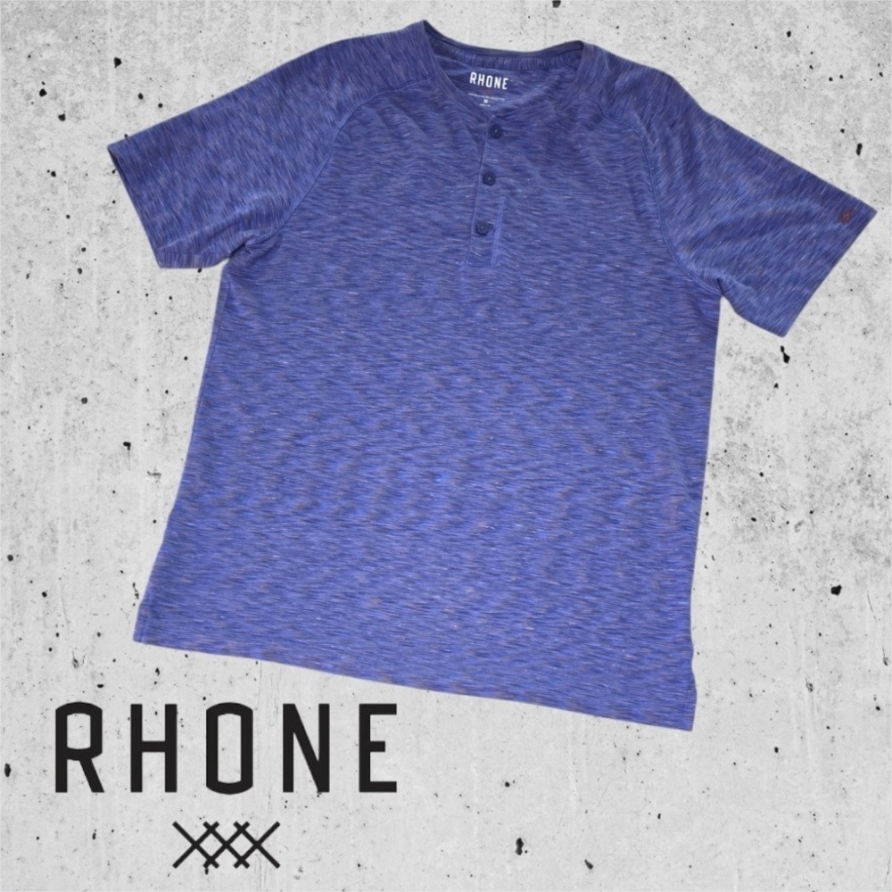 Rhone Retreat Henley Shirt Mens Space Dye Performance Raglan Short Sleeve Blue M
